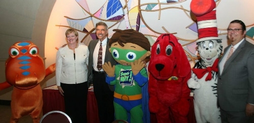 PBS Characters are in the picture with GVSU Staff/Representatives (photo).